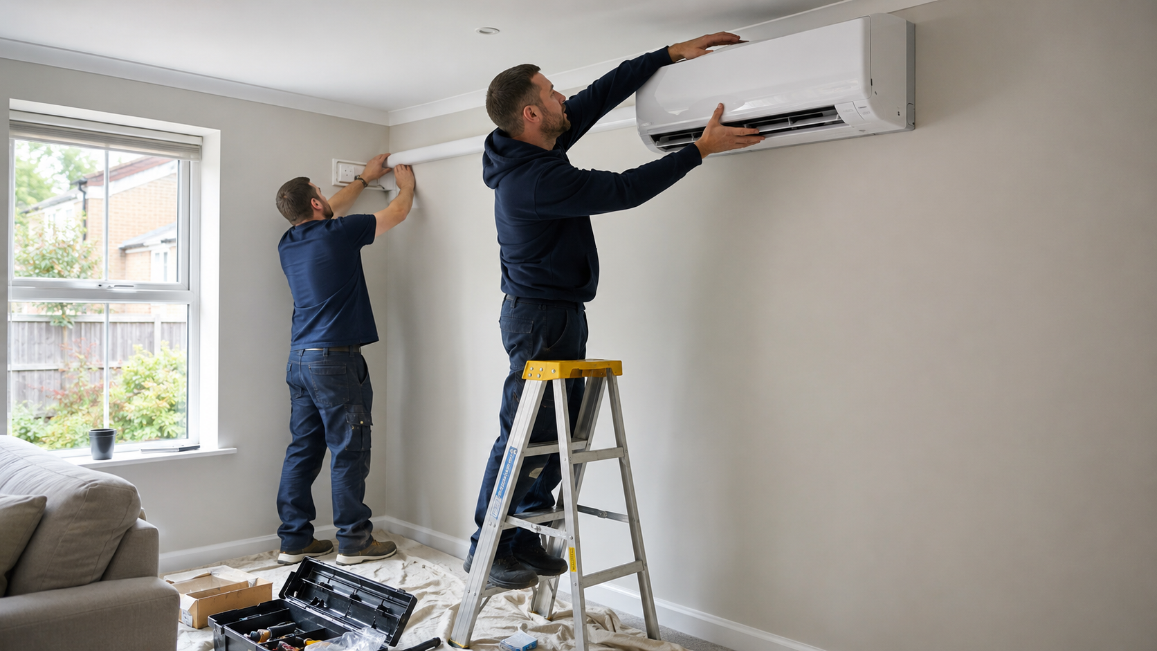Two engineers fitting a wall-mounted air conditioning unit in a small room with a garden visible through the window