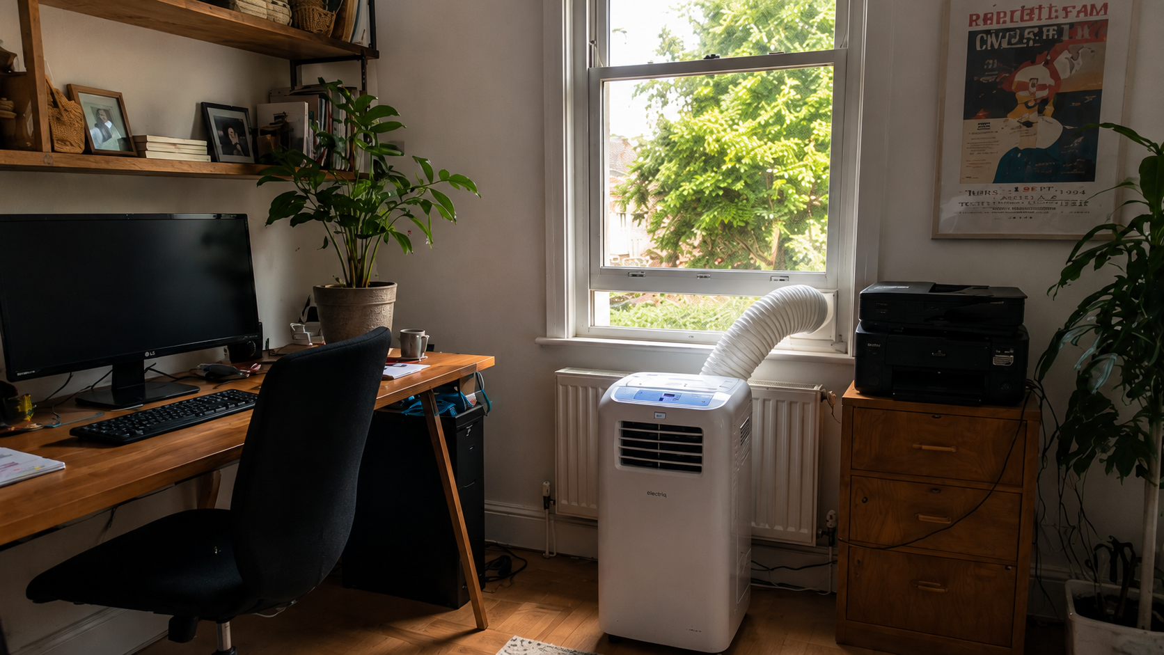 A UK home office desk with a laptop, kept cool by a portable air conditioning unit